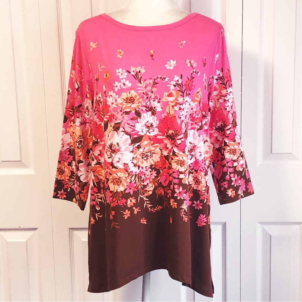 Isaac Mizrahi Live Pink & Brown Floral 3/4 Sleeve Tunic Top Medium